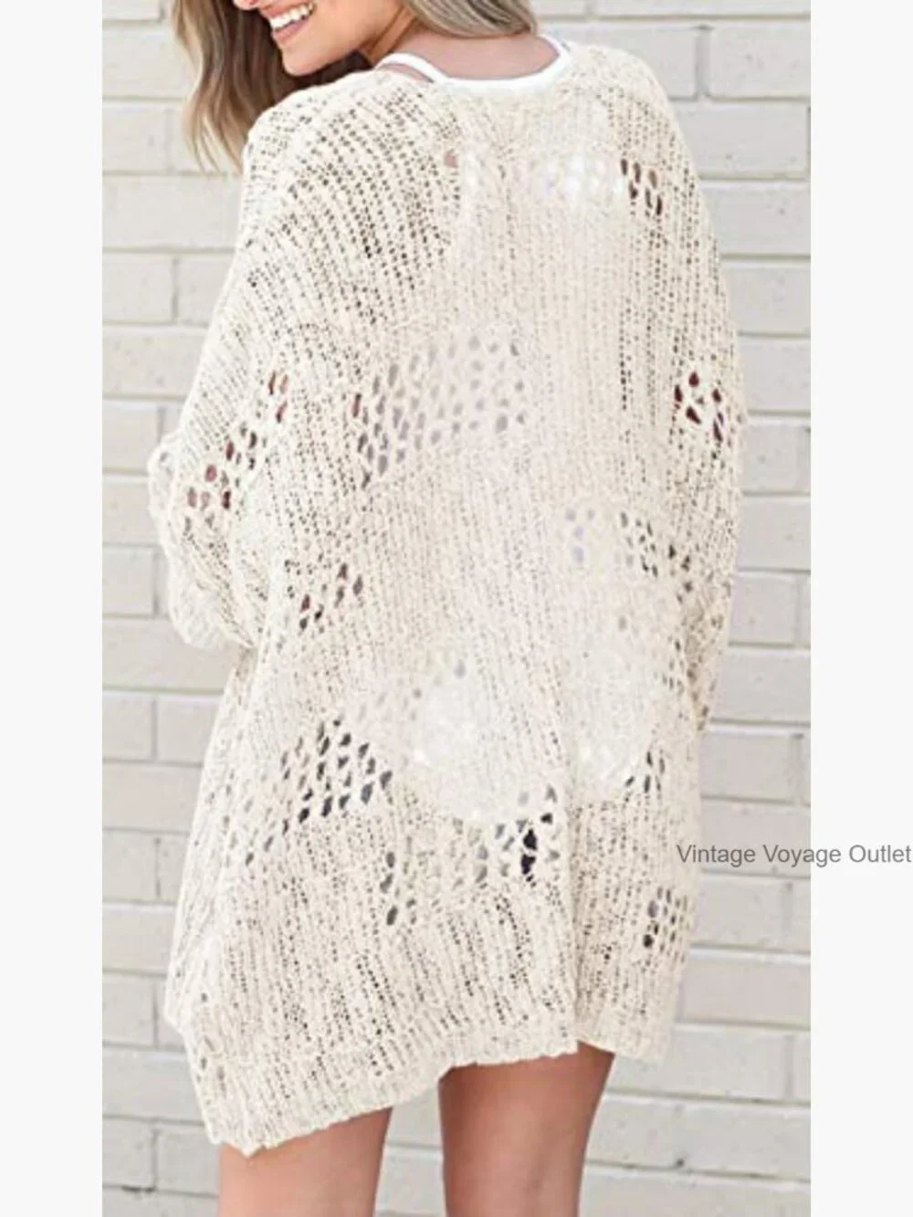Lightweight Crochet Cardigan Long Sleeve Open Front Summer Sweater - Picture 3 of 4